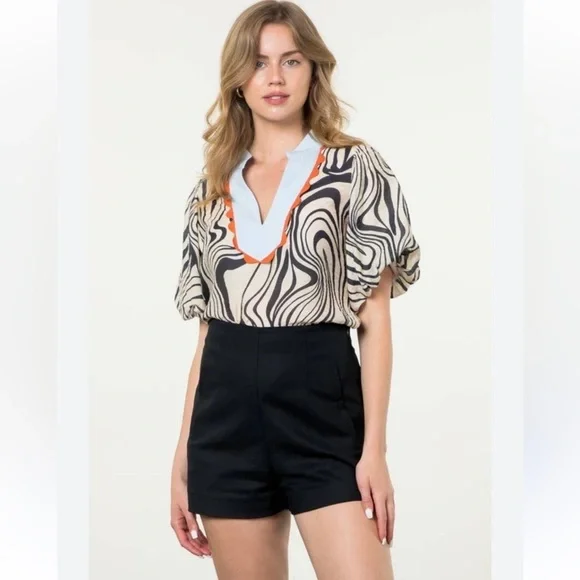 THML women’s geometric Juliet sleeves black cream v neck blue and orange trim - Picture 5 of 7